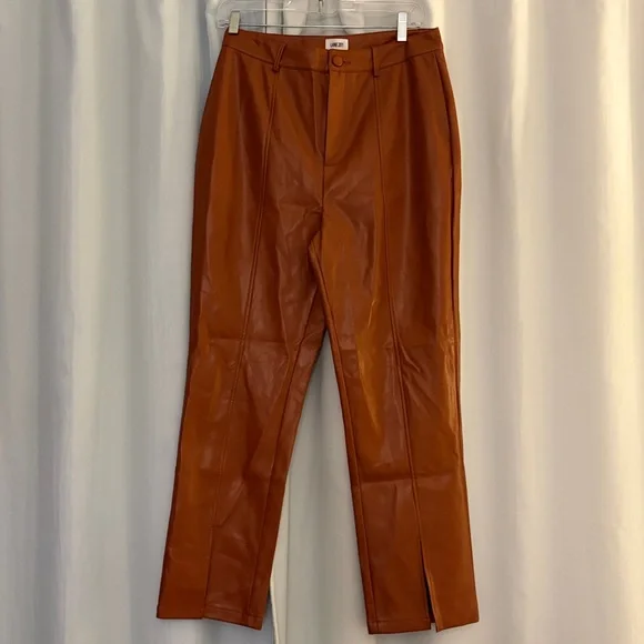 Lane 201 Bronzed Broadway Vegan Leather Pant Brown Straight Leg Split Hem, M - Picture 2 of 8